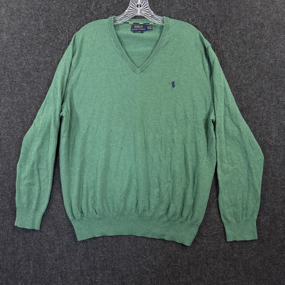 Polo Ralph Lauren Sweater Men's XL Green Pima Cotton V Neck Knit Pullover